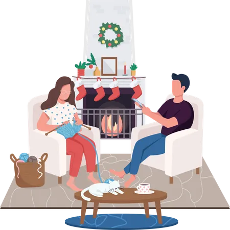 Couple At Home Fireplace Flat Color Vector Faceless Characters Boyfriend Girlfriend Sit In Armchairs Christmas Holiday Season Isolated Cartoon Illustration For Web Graphic Design And Animation Illustration