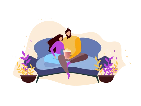 Couple at Home Resting on Couch Watching Movie and Eating Popcorn Illustration