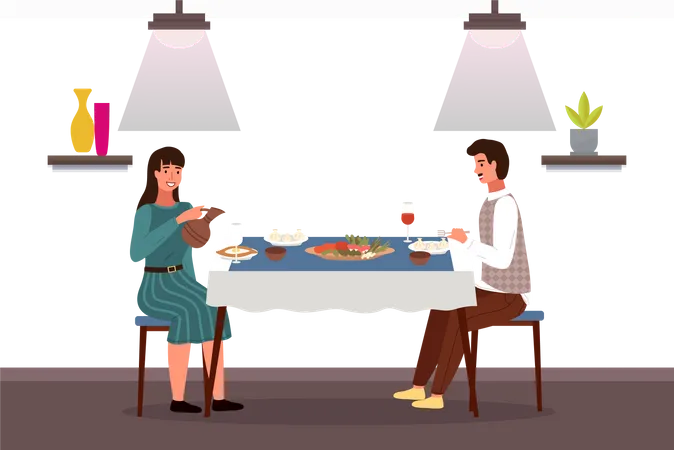 People At Lunch In Georgian Style Couple On A Date In A Theme Restaurant Eats Khinkali And Adjarian Khachapuri Man And Woman Communicating At Dining Table Georgians Taste Traditional Food Illustration