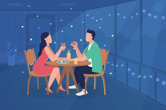 Couple At Restaurant Flat Color Vector Illustration Dinner Date With Girlfriend Boyfriend Romantic Date For Anniversary 2 D Cartoon Faceless Characters With Romantic Atmosphere On Background Illustration