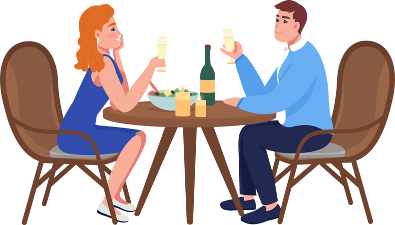 Couple At Romantic Dinner Semi Flat Color Vector Characters Sitting Figures Full Body People On White Celebrate Isolated Modern Cartoon Style Illustration For Graphic Design And Animation イラスト