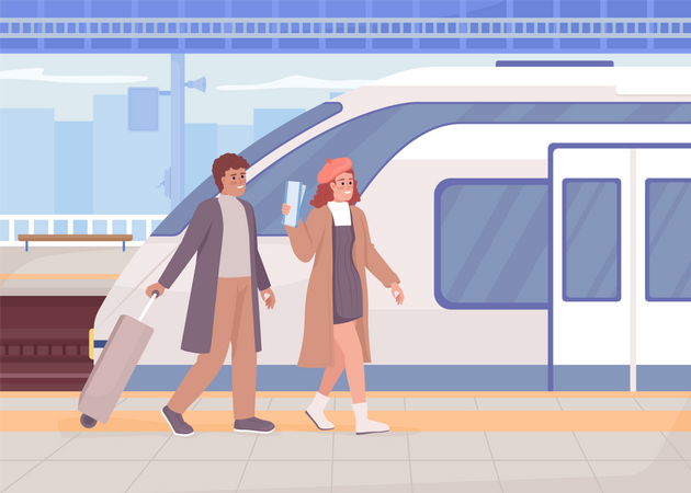 Couple at train station  Illustration