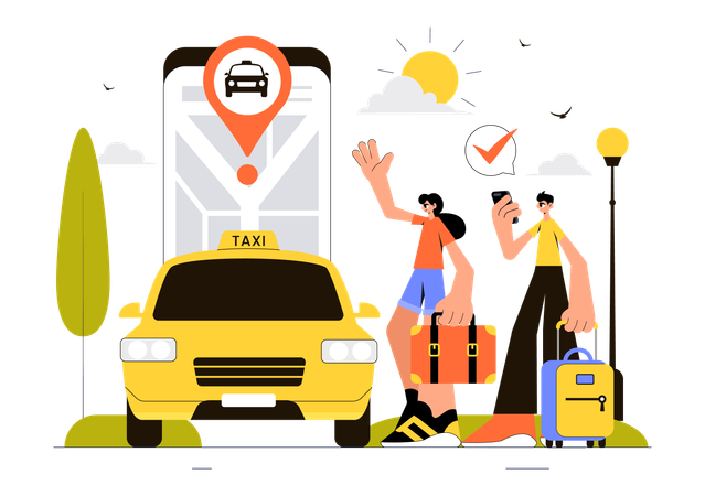 Couple attendant un taxi lors de la réservation d'un taxi via son mobile  Illustration