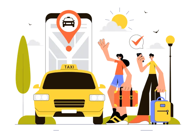 Couple attendant un taxi lors de la réservation d'un taxi via son mobile  Illustration