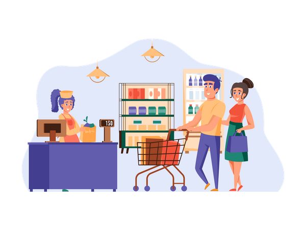 Couple au comptoir de facturation dans un supermarché  Illustration