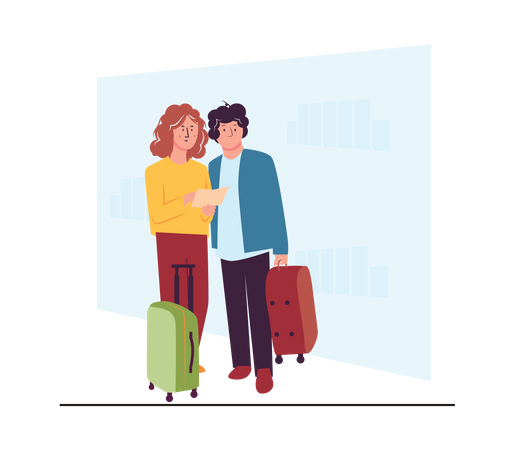 Couple avec bagages et billet à la recherche  Illustration