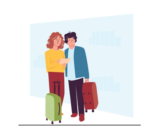 Couple avec bagages et billet à la recherche  Illustration