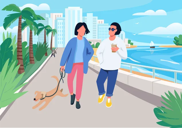 Couple avec chien marchant le long du front de mer  Illustration