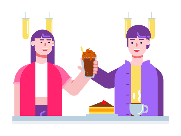 Couple ayant un rendez-vous au café et prenant un dessert  Illustration