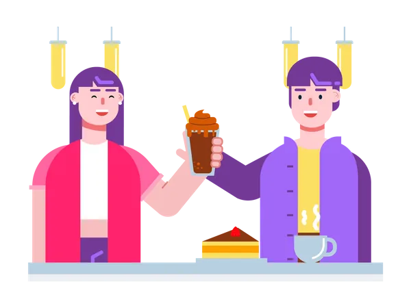 Couple ayant un rendez-vous au café et prenant un dessert  Illustration