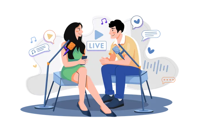 Couple avec microphone fonctionne avec un enregistrement en direct  Illustration