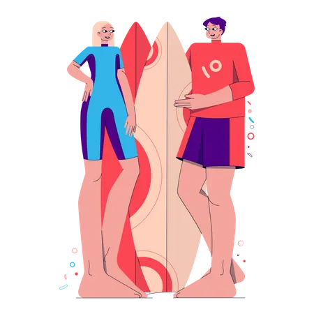 Couple avec planche de surf  Illustration