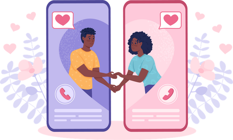 Couple avec relation longue distance connecté via smartphone  Illustration