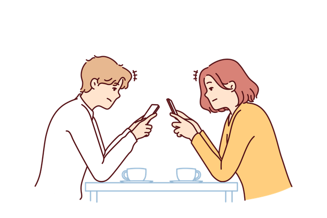 Un couple avec des téléphones est assis dans un café  Illustration