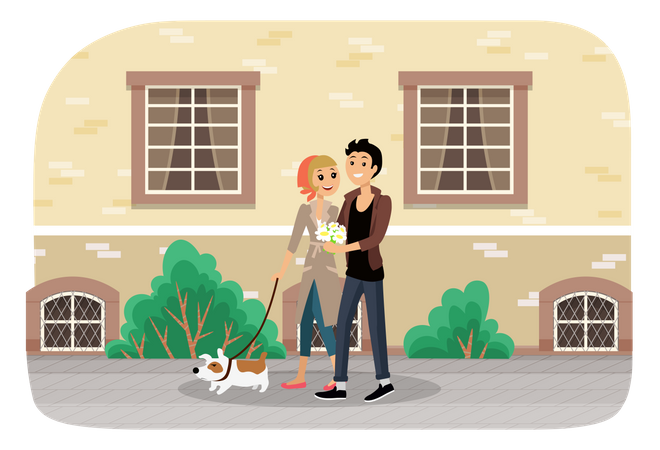 Couple avec un chien marchant ensemble  Illustration