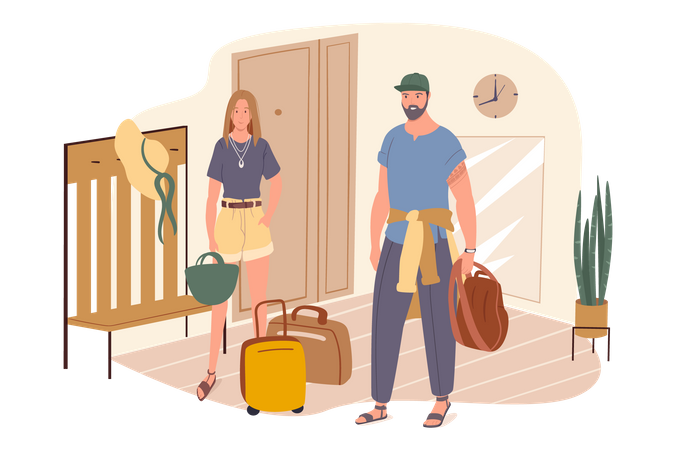 Un couple avec des valises se tient dans le couloir et part en vacances  Illustration