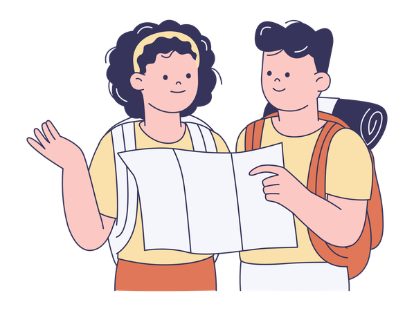Couple Backpacking and Reading Map  Illustration