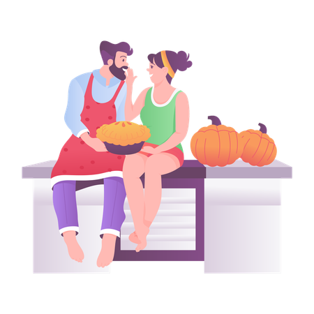 Couple baked pumpkin pie  Illustration