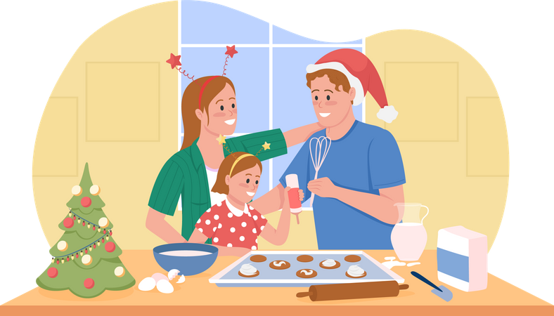 Couple baking cookies with daughter Illustration