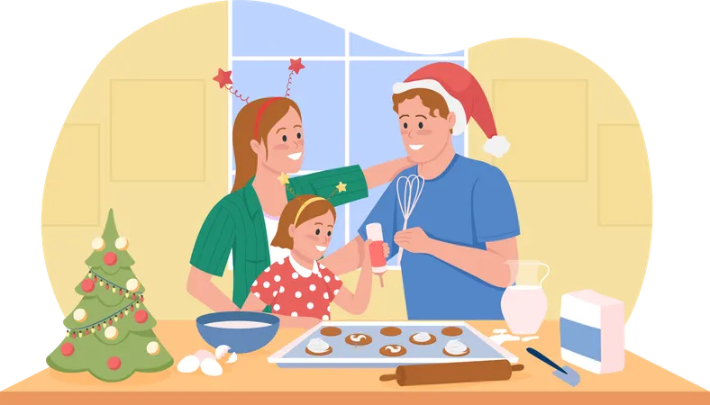 Couple baking cookies with daughter Illustration
