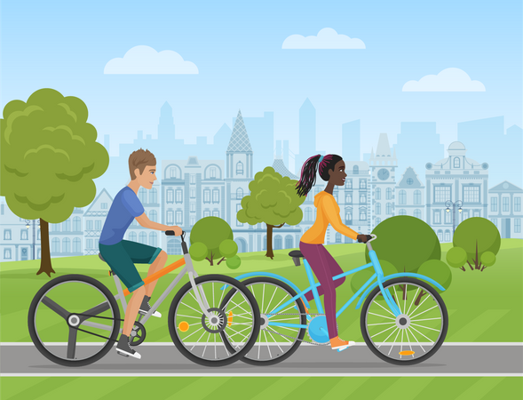 Couple Bicycle Riding in park  Illustration