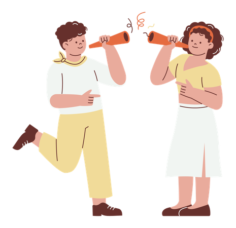 Couple Blowing Noisemaker on New Year  Illustration