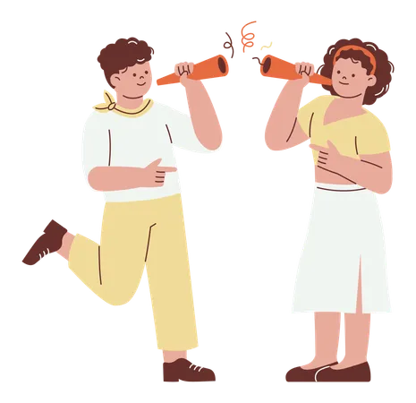 Couple Blowing Noisemaker on New Year  Illustration