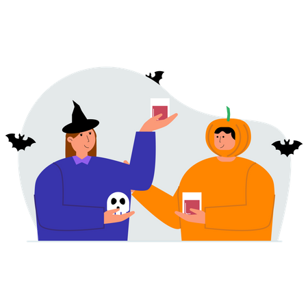 Un couple boit du vin pour célébrer Halloween  Illustration