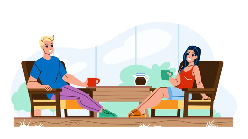 Couple, boire du café sur la terrasse du balcon  Illustration