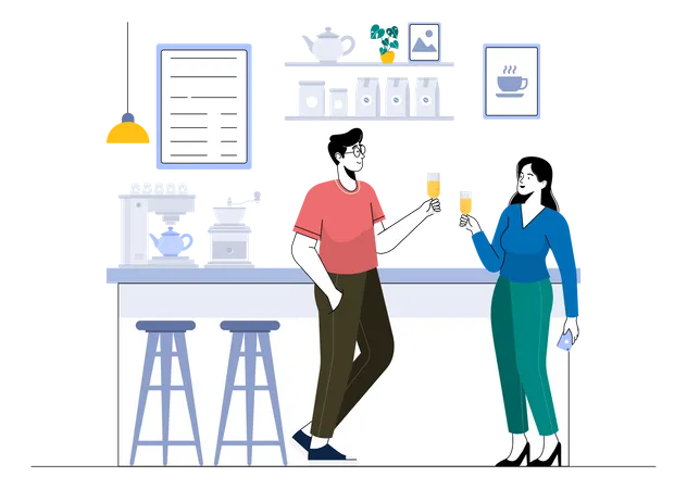 Couple buvant un cocktail au café  Illustration