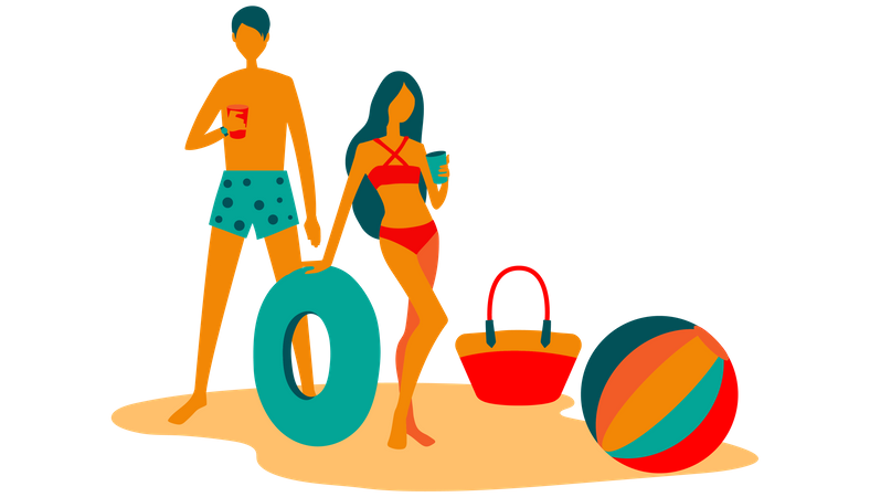 Un couple boit sur une robe de plage avec un ballon de plage et une bague  Illustration