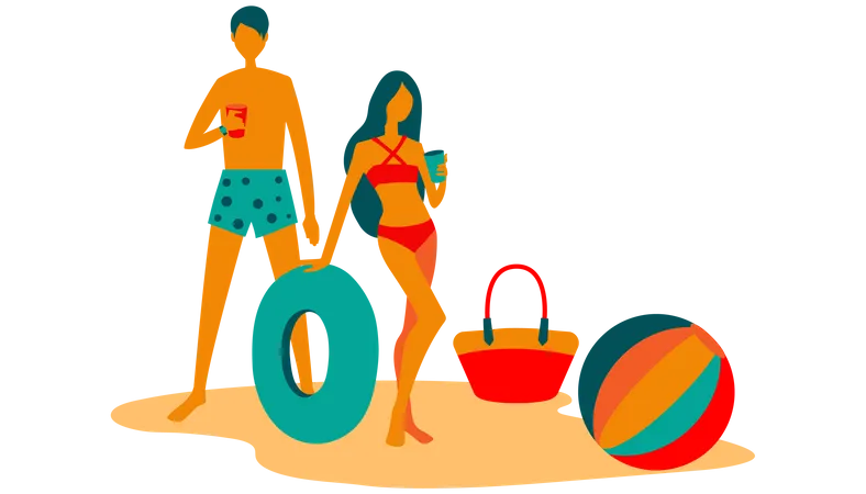 Un couple boit sur une robe de plage avec un ballon de plage et une bague  Illustration