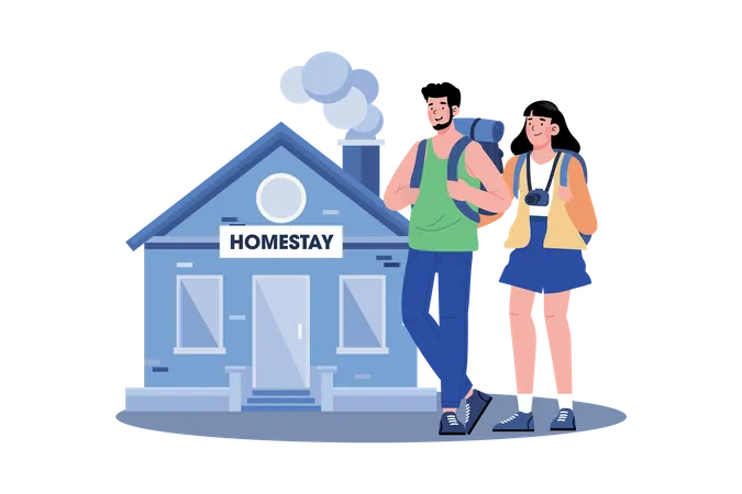 Couple booking a homestay to experience local life  Illustration