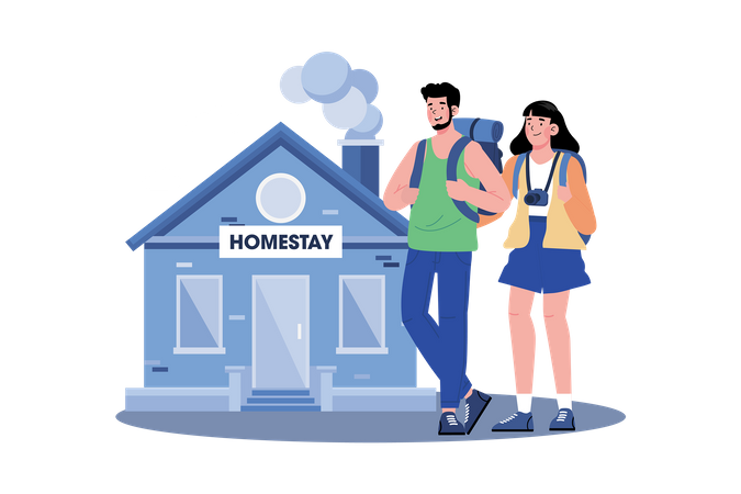 Couple booking a homestay to experience local life  Illustration