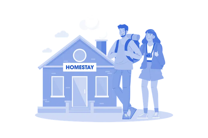 A Couple Booking A Homestay To Experience Local Life Illustration