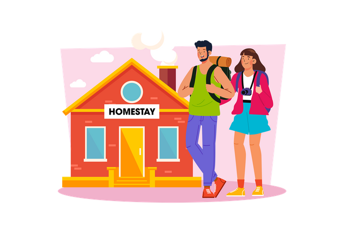 Couple booking  homestay to experience local life  Illustration