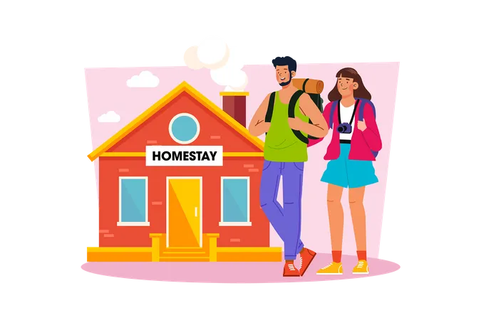 Couple booking  homestay to experience local life  Illustration