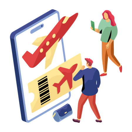 Couple booking international flight  Illustration