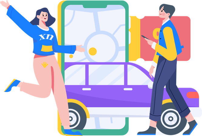 Couple booking taxi  Illustration