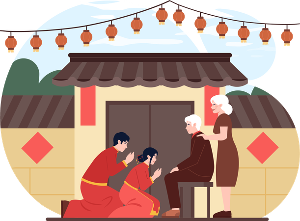 Couple bows down to Chinese old man  Illustration