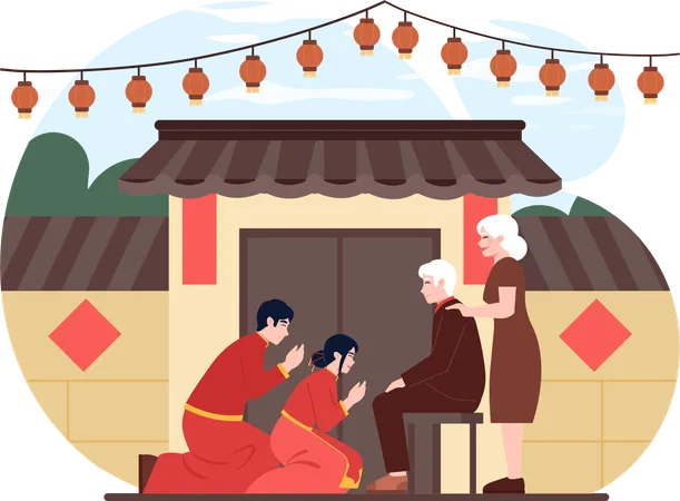 Couple bows down to Chinese old man  Illustration