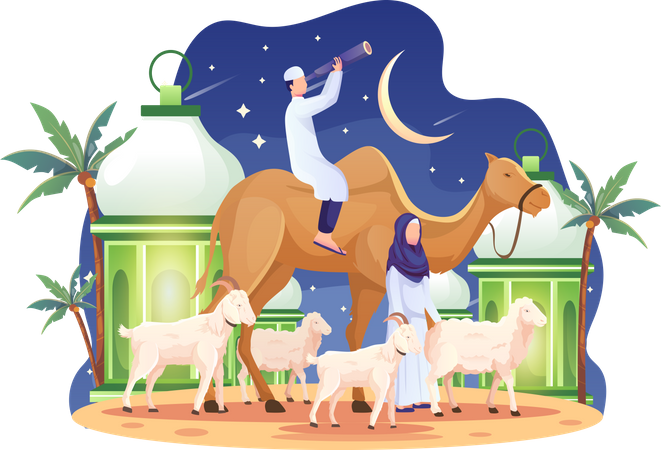 Couple brought a camel and some goats on the eve of Eid Al Adha Mubarak Illustration