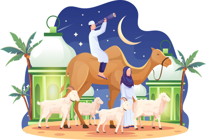 Couple brought a camel and some goats on the eve of Eid Al Adha Mubarak  Illustration