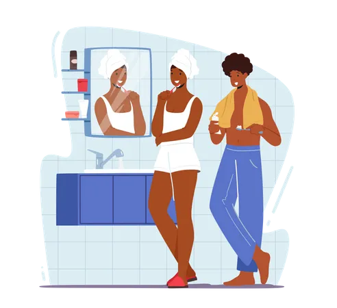 Couple Brushing Teeths Together In The Bathroom  Illustration