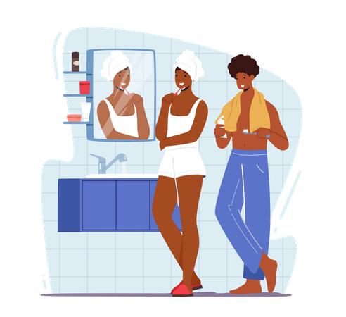 Couple Brushing Teeths Together In The Bathroom  Illustration