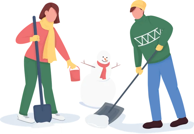 Couple Building Snowman Flat Color Vector Faceless Characters Cold Weather Activity Holiday Season Fresh Snow Shovelling Isolated Cartoon Illustration For Web Graphic Design And Animation Illustration