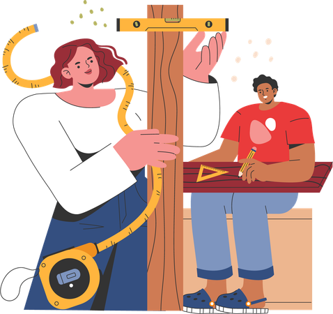 Couple building wood furniture together  Illustration