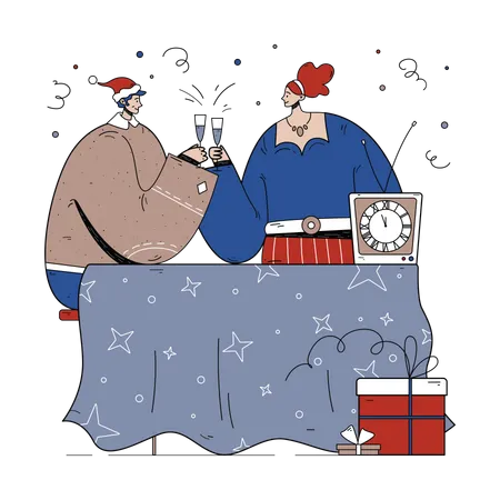 Couple buvant du vin pour célébrer Noël  Illustration