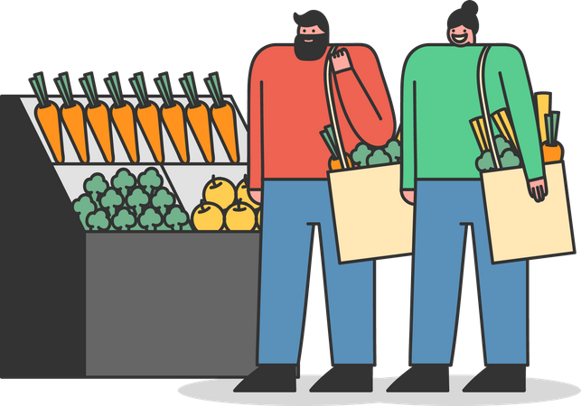 Couple Buying Foods in Grocery Illustration