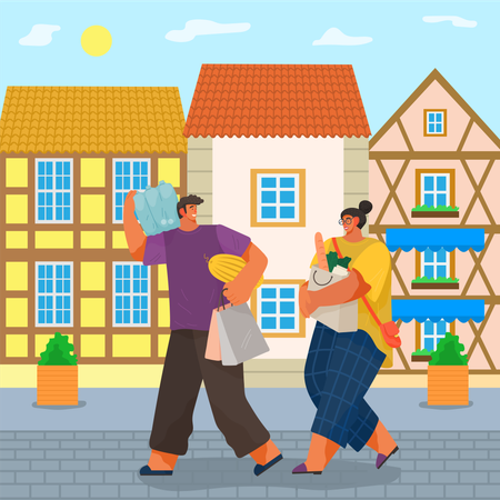 Couple buying groceries and returning to home from shopping  Illustration